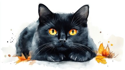 Naklejka na meble A black cat with yellow eyes is laying on a white background.