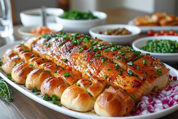 Wall Mural - Glazed Salmon with Bread Rolls and Onions