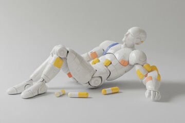 Poster - White robotic figure in a relaxed pose with pharmaceuticals blending healthcare with everyday life