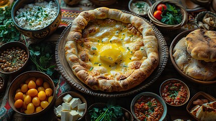 Wall Mural - Traditional Georgian Khachapuri with Egg and Cheese