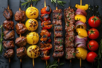 Wall Mural - Grilled Skewers with Vegetables, Meat, and Tomatoes