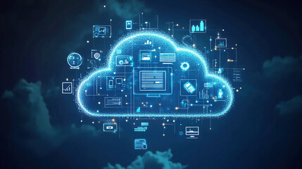 A cloud with various digital icons floating above it