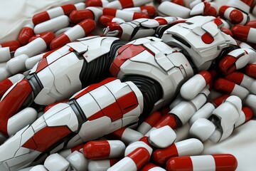 Sticker - Robotic hand enveloped in a swirl of colorful pills depicting the fusion of robotics and pharmaceuticals