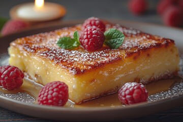 Wall Mural - Custard Pudding with Berries and Powdered Sugar