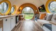 © DZIKRA  - Interior of a modern tiny home with large circular windows, a wood-paneled ceiling, a small desk, and a couch with pillows.