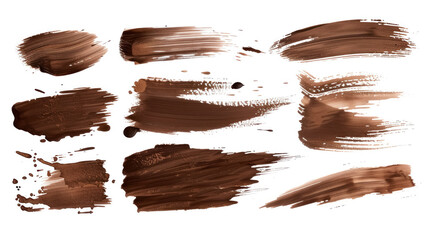 dynamic brown paint strokes and splatters isolated on white