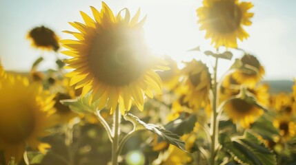 Aufkleber - Sunflower in a Field of Sunflowers with Bright Sunlight Shining Through