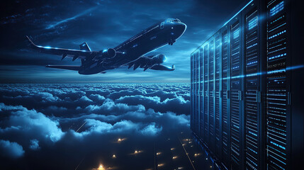 digital air flight background with airplane flying over dark blue digital clouds and computer server rack in data center
