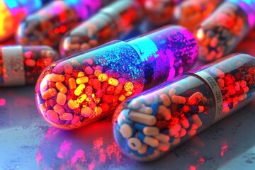 Poster - Vivid close up of glowing pharmaceutical capsules in a robotic hand highlighting advanced drug delivery technology