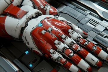 Canvas Print - Advanced robotic arm equipped with red and white components highlighting mechanical precision and futuristic engineering