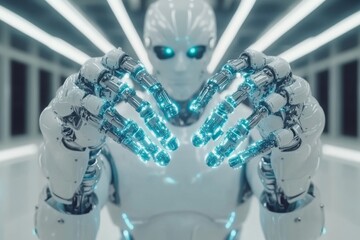 Canvas Print - Robotic figure with outstretched arms and glowing hands showcasing futuristic control and power in AI technology