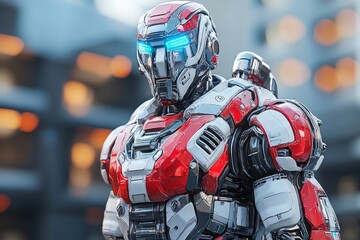 Sticker - Armored robotic figure with red and white armor standing tall in a futuristic cityscape symbolizing strength and vigilance