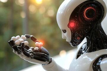 Poster - Humanoid robot holding a glowing orange capsule in a serene natural setting symbolizing the blend of technology and nature