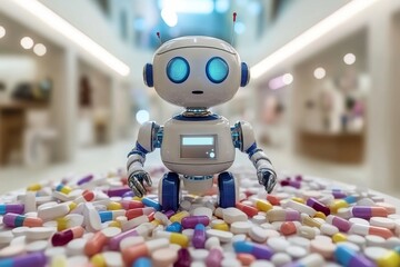 Poster - Small blue robotic toy amidst a sea of colorful pills representing the playful and innovative nature of technology