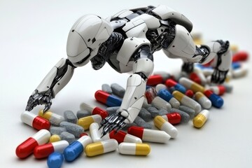 Sticker - White robotic figure crawling among scattered capsules symbolizing the struggle of technology in modern medicine