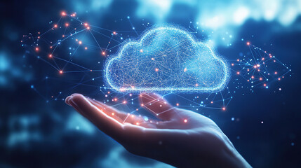 A hand holding a cloud icon with a glowing effect on a dark blue background