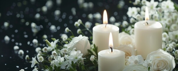 white candles and flowers on black panoramic background with copy space, funeral service, memorial a
