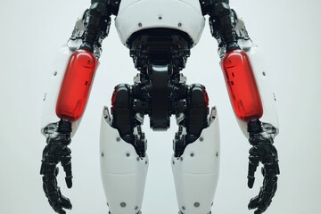 Wall Mural - Rear view of a humanoid robot with red capsules embedded in its structure symbolizing the integration of AI in medicine