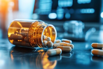 Canvas Print - Robotic hand spilling capsules from a glass bottle symbolizing the automation and precision of pharmaceutical technology