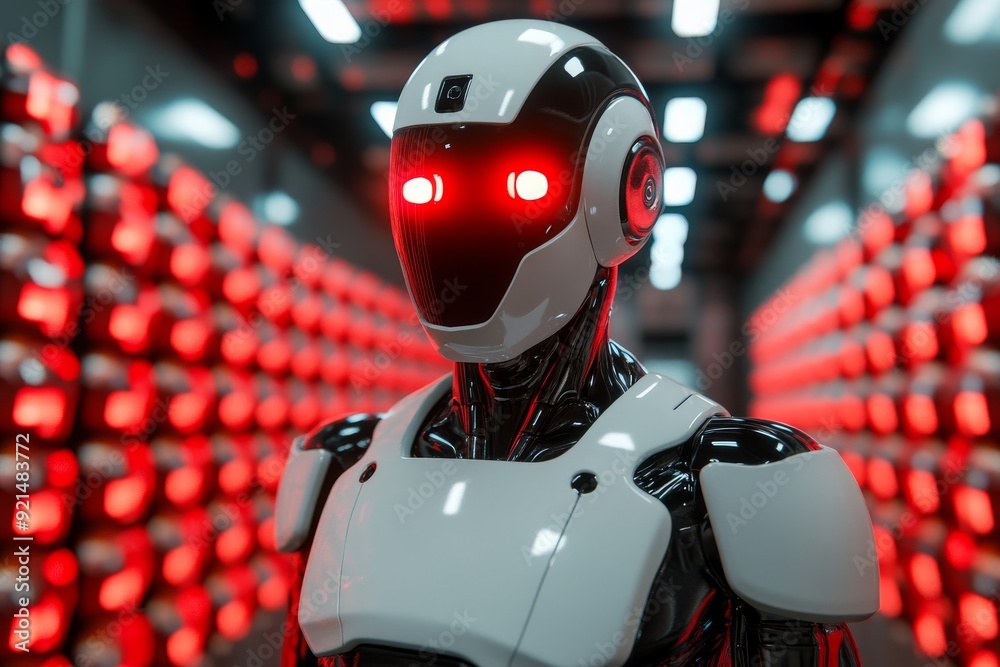 Sleek white robot with red eyes standing against a vivid red backdrop a ...