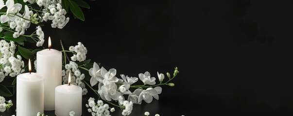 white candles and flowers on black panoramic background with copy space, funeral service, memorial a