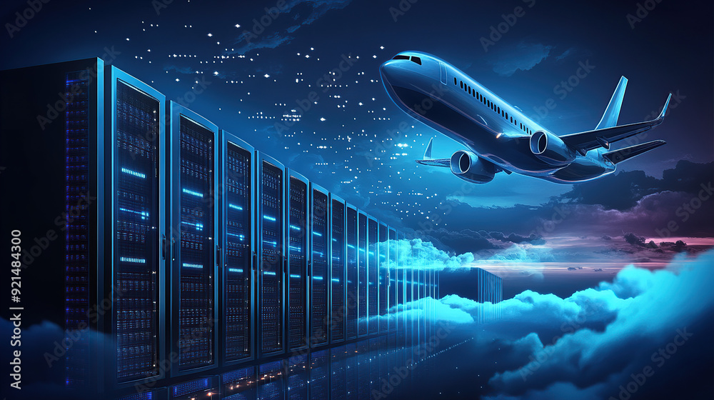 digital air flight background with airplane flying over dark blue ...