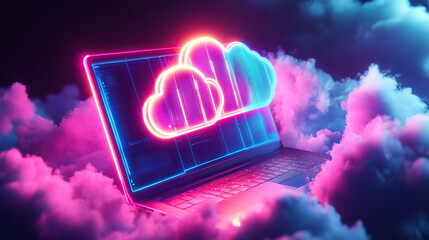 laptop with neon cloud computing icons on the screen