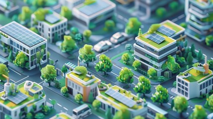 Wall Mural - An isometric view of a sustainable city with green roofs, solar panels, and eco-friendly transportation, representing environmental consciousness.