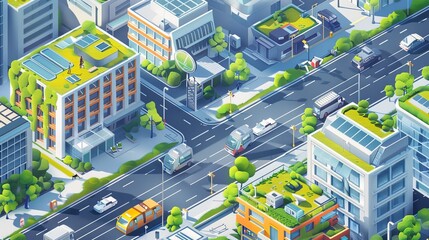 Sticker - An isometric view of a sustainable city with green roofs, solar panels, and eco-friendly transportation, representing environmental consciousness.