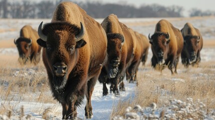 Wall Mural - Bison roam North American plains in herds, with massive heads and shaggy fur for winter survival.