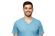 © Damir Khabirov - Close-up portrait of young smiling handsome male with short dark hair and stubble, wearing blue t-shirt