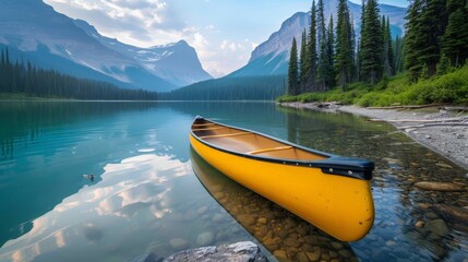 Wall Mural - Capture a traveler's moment of reflection by a serene lake, with a canoe gently floating on the water and majestic mountains in the background.