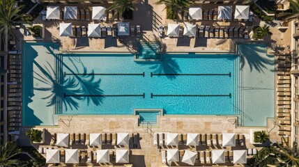 Sticker - Capture an aerial perspective of a large, sparkling pool at a luxury hotel, with cabanas and sunbeds lining the perimeter.