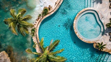 Sticker - Capture an aerial perspective of a pool at a tropical island resort, with pristine white sands and turquoise waters just steps away.