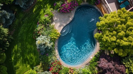 Wall Mural - Capture an aerial perspective of a pool in a backyard garden, surrounded by vibrant flowers and lush greenery.