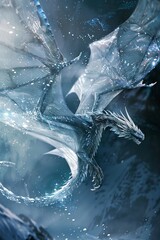 Poster - Captured in film style, a crystal dragon flies through a moonlit sky, its scales sparkling with otherworldly light. The dragon's ethereal beauty and shimmering presence create a scene of pure magic