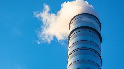 Industrial Chimney with White Smoke against a Blue Sky