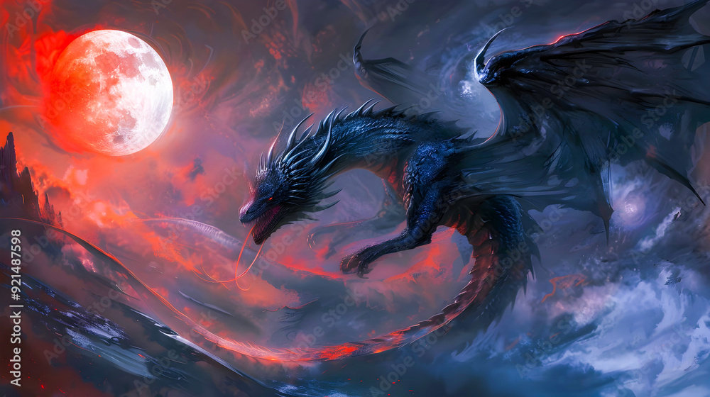 Majestic winged dragon with two feathered wings and a glowing red moon ...
