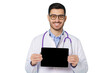 © Damir Khabirov - Portrait of young handsome doctor presenting horizontal tablet with blank screen and copy space for medical app ads
