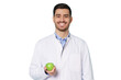 © Damir Khabirov - Smiling nutritionist or dentist doctor wearing white coat and round glasses, holding green apple in hand