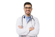 © Damir Khabirov - Portrait of smiling handsome male doctor with stethoscope around neck, wearing white coat and round glasses