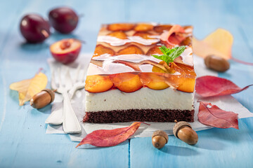 Wall Mural - Tasty and sweet plum sponge cake with cream and jelly.