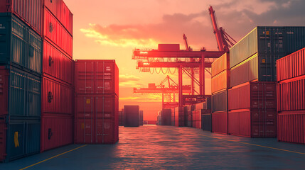 Sunset at the shipping dock with stacked containers and industrial cranes