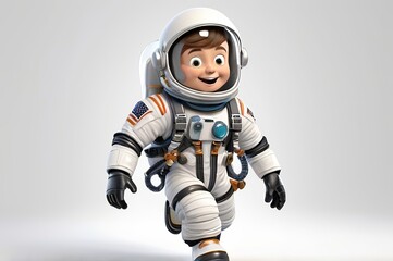 Wall Mural - Excited astronaut with a space helmet and a jetpack, ready for launch in 3D design on a white background. Made with generative AI technology