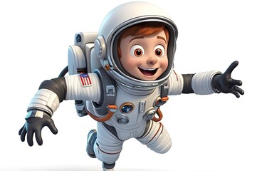 Wall Mural - Excited astronaut with a space helmet and a jetpack, ready for launch in 3D design on a white background. Made with generative AI technology