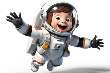 Wall Mural - Excited astronaut with a space helmet and a jetpack, ready for launch in 3D design on a white background. Made with generative AI technology