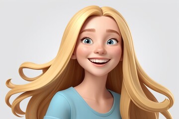 Wall Mural - Happy cheerful cartoon character teenage girl with long blonde hair in 3D style design on a white background. Human people joyful expression concept. Made with generative AI technology