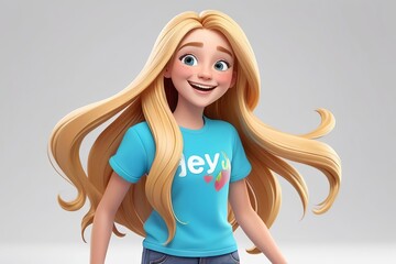 Wall Mural - Happy cheerful cartoon character teenage girl with long blonde hair in 3D style design on a white background. Human people joyful expression concept. Made with generative AI technology