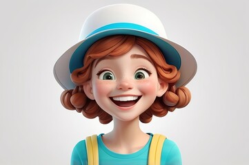 Wall Mural - Happy laughing cartoon character young girl wearing a hat in 3D style design on a light white background. Girl people joyful expression concept. Made with generative AI technology