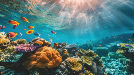 Wall Mural - Color photo of a coral reef underwater, vibrant coral with colorful fish swimming, crystal-clear water, bright sunlight above